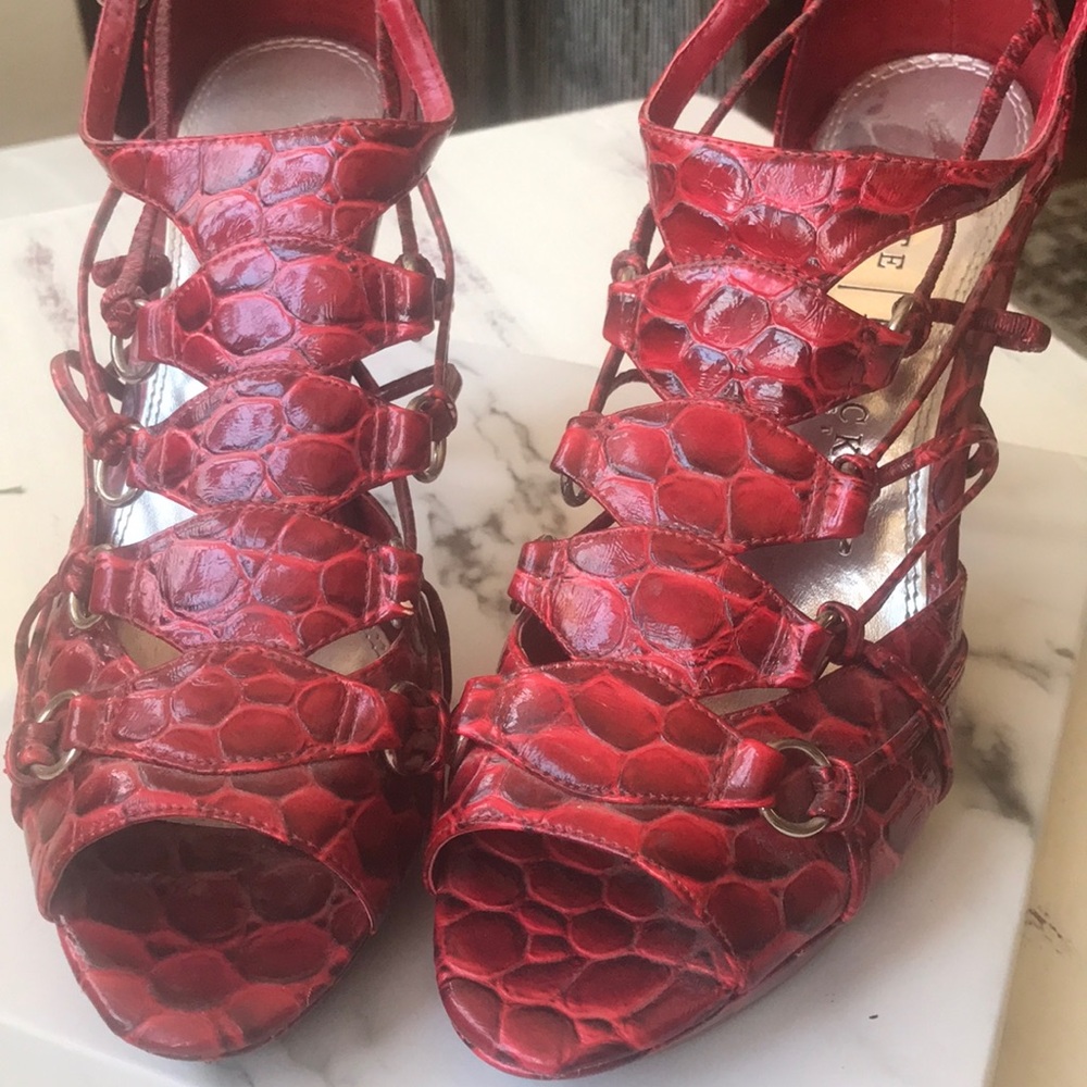 Ruby red lacy croc stilettos